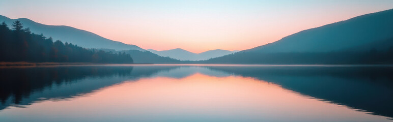 Fototapeta premium Minimal lake reflection of upside-down mountains, sunset pastel hues