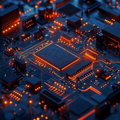 Fototapeta premium Detailed Close-Up of a Modern Circuit Board with Glowing Orange Traces and Components Showcasing Advanced Technology