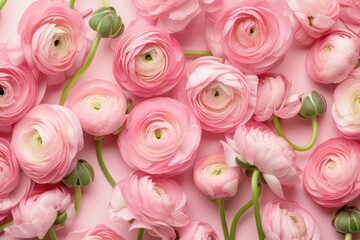 A delicate collection of light pink ranunculus flowers arranged on a pink background.