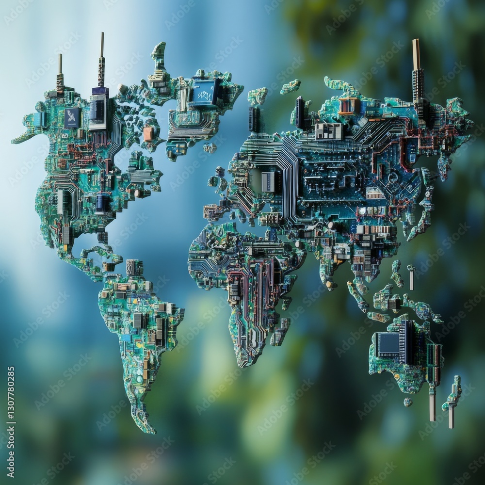 Poster global circuitry: a world map of interconnected technology and digital networks shaping our planet's