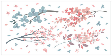 A spring art set of sakura branches and flowers. Pink, beige, and blue colors. For textiles, fashion, wallpaper, wrapping paper, notebooks, wedding postcards, invintations, patterns.