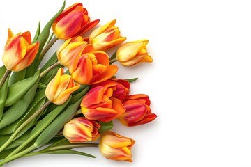 Obraz premium A bouquet of vibrant orange and red tulips arranged on a white background.