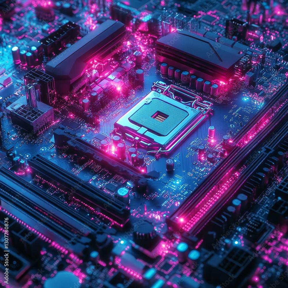 Poster neon circuit board: a close-up view of electronic components, illuminated with pink and blue lightin