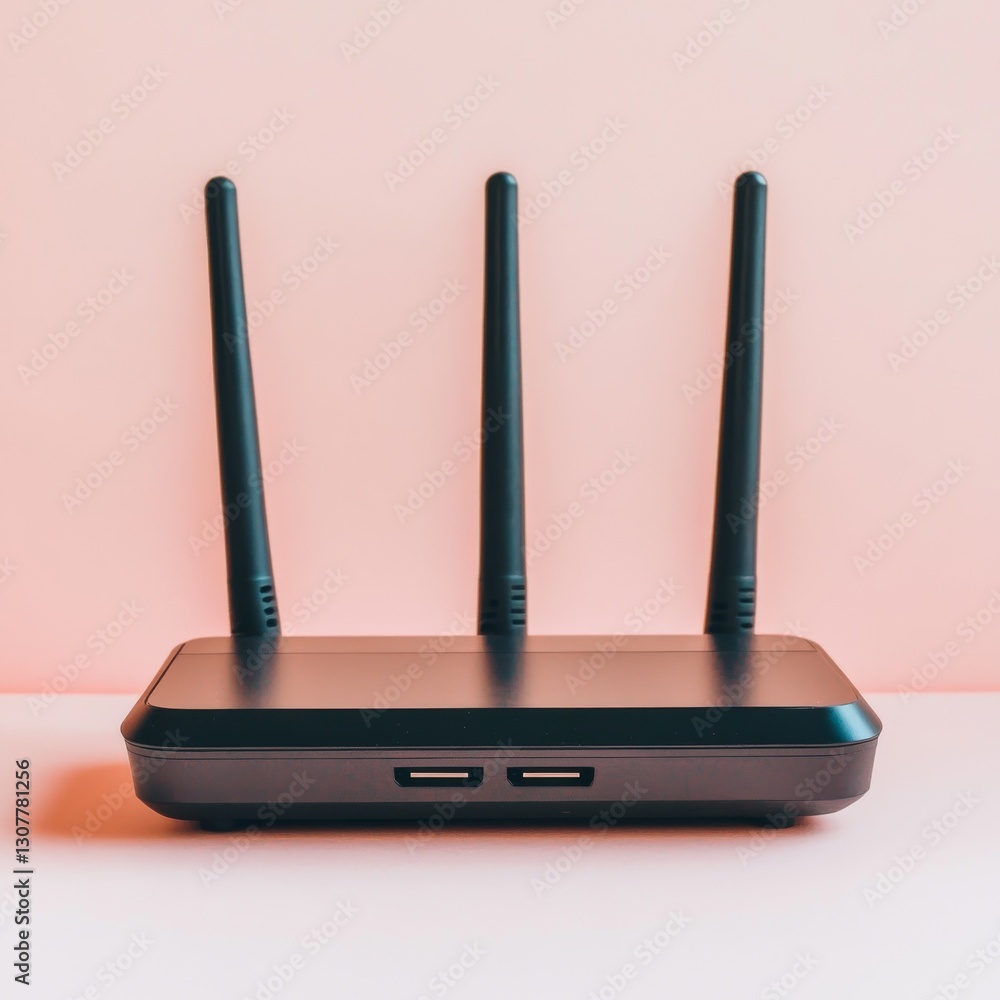Poster wireless black router with three antennas on a light pink background - enhancing connectivity for ho