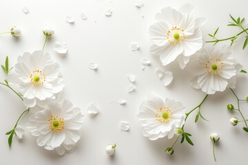 Fototapeta premium Elegant arrangement of white flowers and petals on a white background, creating a serene and minimalist aesthetic.