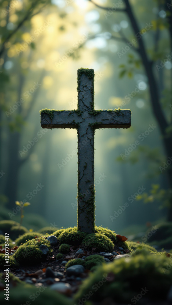Poster a christian cross symbol in a serene forest setting with soft light filtering through the trees.
