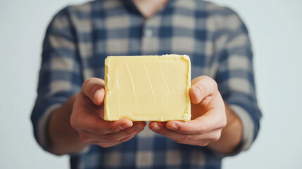 Close up of man holding block of butter for cooking or baking concepts
