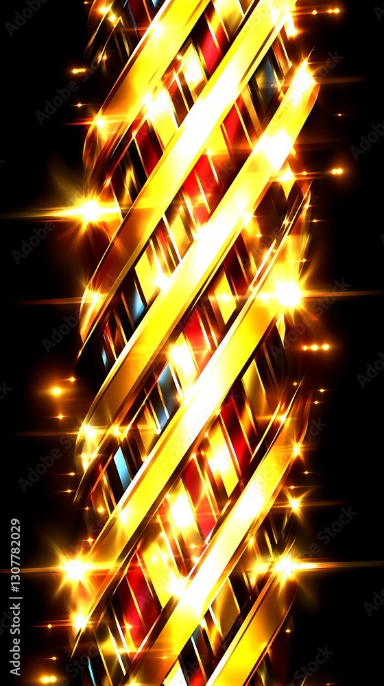 Poster dynamic vertical abstract design with shimmering gold ribbons and lights