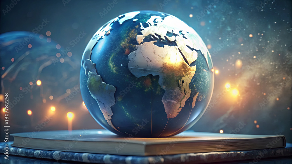 Poster a detailed globe illustrating continents and countries sits open on a large book in a dimly lit envi