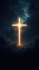 Fototapeta premium An inspiring digital illustration depicting a Christian cross in a starry night sky with clouds, symbolizing faith and hope.