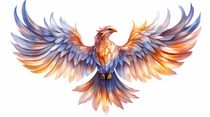 Majestic phoenix in flight, vibrant plumage, white background; ideal for fantasy art, design, or symbolism