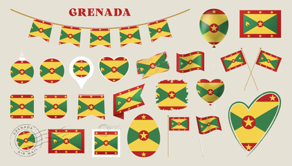 Grenada flag set. Various National flag collection with different shapes like heart, shield, easter egg, location, circle, postmark, grunge, square, round and rectangle vector illustration.