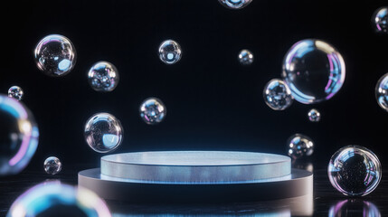 A Podium with a Shimmering Holographic Surface Floating Light Orbs in a Dark Room Black Gradient Background, Creating a Futuristic Vibe Perfect for Unique and Eye-Catching Product Displays copy space