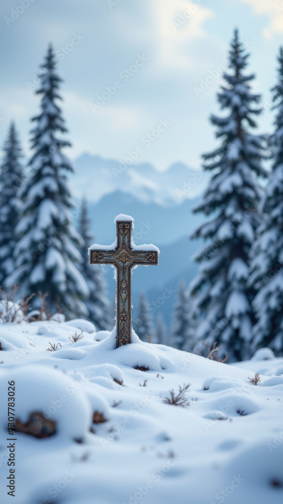 Poster cross with snow-covered trees in the background