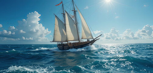 Fototapeta premium A large sailing ship with full sails glides effortlessly across sparkling blue waters. The sun shines brightly, illuminating the clouds and waves, creating a serene maritime atmosphere