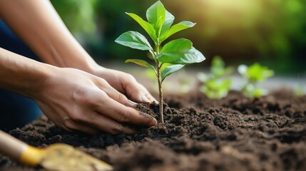 Hands gently planting a young tree in rich soil, symbolizing growth, sustainability, and environmental care