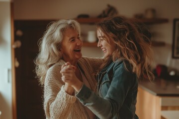 A joyful moment between a grandmother and granddaughter dancing together at home, sharing laughter and love in a cozy setting
