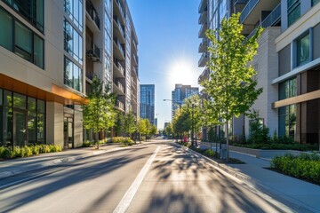 Modern Urban Street with Sunlight and Green Trees in City