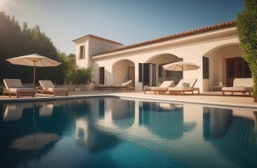 Fototapeta premium Beautiful backyard of an elegant and modern house with a swimming pool and sun loungers, short grass, trees and tropical plants, blue sky in the background.