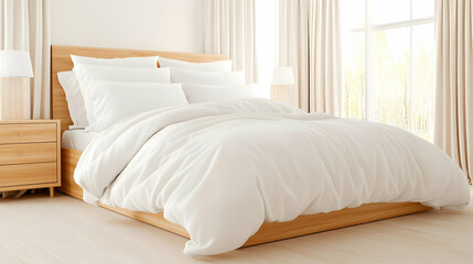 Minimalist bedroom sunlit, wooden bed with white linens, design inspiration