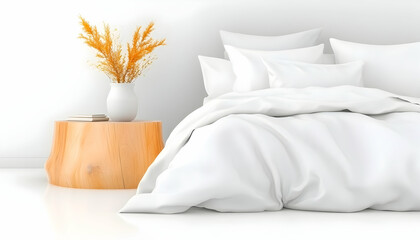 Minimalist bedroom white bedding, wooden side table, pampas grass