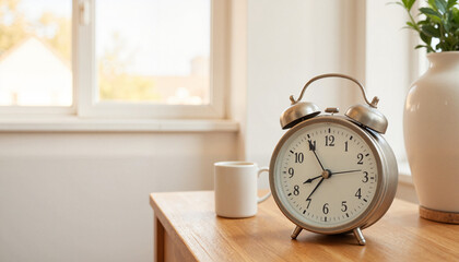 Alarm clock on wooden table near a window