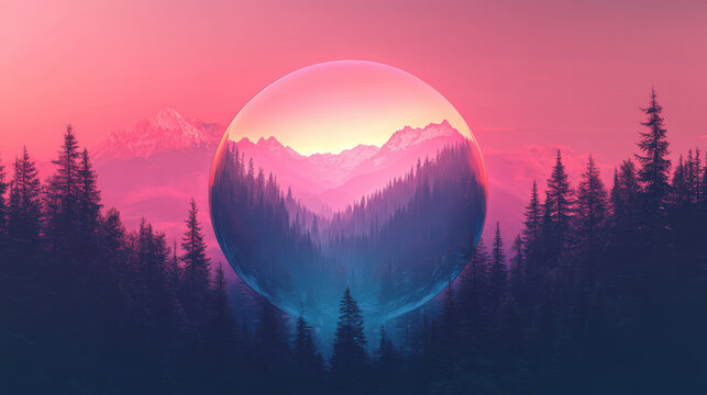 Forest emerging from a floating sphere, gradient pink-to-blue sky, dreamy aesthetic 