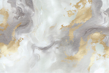 Fototapeta premium Silver marble wall background. Abstract illustration with gold foil and grey watercolor splashes.