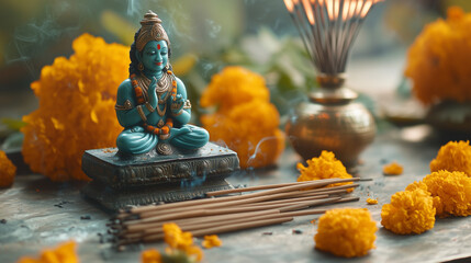 Rama Navami A spiritual flat lay with a small idol of Lord Rama, incense sticks, and marigold flowers