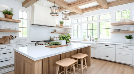 Modern kitchen interior with white cabinets, wooden beams, island, and large windows for cooking, interior design