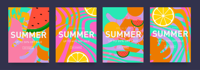 Set Summer Tropical Background with Yellow, Green, Orange, Pink Colors.  3d Creative Design for Social Media, Celebration, Ads, Branding, Banner, Cover, Label, Poster. Discount Offer 50%.