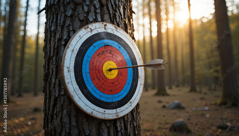 Poster an arrow is embedded in a vibrant target on a tree, surrounded by tall trees illuminated by the warm