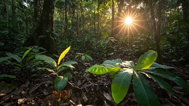 Sunlit Rainforest: Lush Greenery and Golden Hour Glow