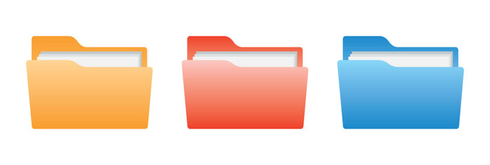 Folders for files. A collection of office folders with documents. An open folder of digital data. A set of red, yellow, and blue folders. Set of icons, logo. EPS 10. Vector illustration
