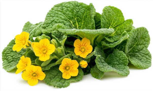 Bright yellow primrose flowers with textured green leaves. Flowers have five rounded petals with a darker center. Leaves are wrinkled and slightly curled. White background enhances details.