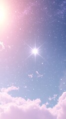 Fototapeta premium Background of a blue sky with clouds and a bright star in the distance. Star stands out in a clear blue sky in a serene and tranquil atmosphere.