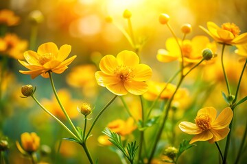 Fototapeta premium Vibrant Yellow Flowers in Bloom with Green Leaves