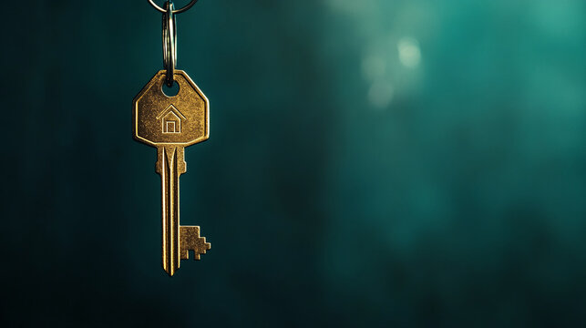 Close-up of golden house key on keyring against teal background, showcasing homeownership, real estate, and new beginnings, ideal for property advertising