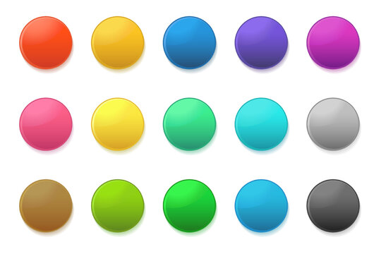 3d color round buttons. Icons of blue, green, red, yellow, pink and purple circle isolated on white background. Set of color plastic buttons with shadows, vector illustration