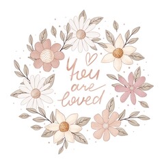 floral circle frame from stylized caricature flowers, leaves, hand drawing lettering, decor elements. Colorful illustration, flat style. hand drawing. design for invitation, greeting cards, posters