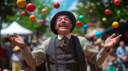 A juggler tossing colorful balls into the air, with a lively audience in the background