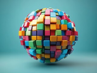 Obraz premium Colorful 3D Cube Sphere Model on Turquoise Background for Design Use