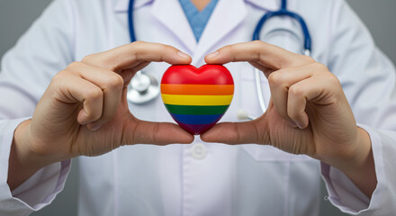 Doctor in a white coat holding a heart-shaped object with a rainbow LGBTQ flag design.