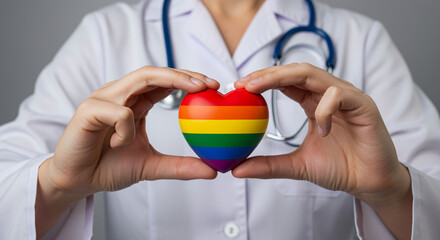 Close-up of a medical professional holding a rainbow heart, symbolizing LGBTQ+ healthcare inclusion.