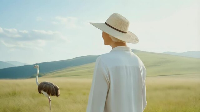 Ostrich farm Person in a hat observing the landscape Ecological farming sustainability Back view