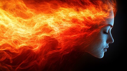 Woman's face engulfed in fiery, flowing flames.