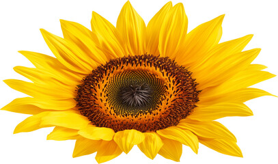 Fototapeta premium Single sunflower with bright yellow petals and brown center. Transparent background. PNG file for digital use, graphic design, and print projects.