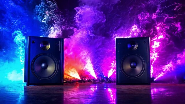 Colorful smoke rises around speakers in a music studio, showcasing an energetic atmosphere during a creative session