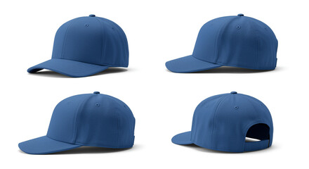 Set of blue baseball caps displayed from different angles on a white background.