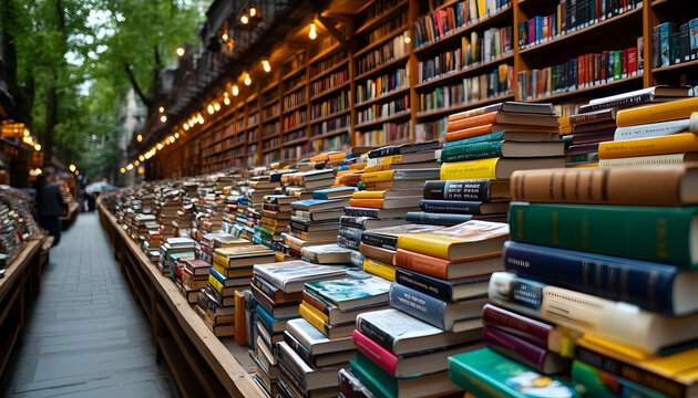 Outdoor book market rows of books under a leafy canopy